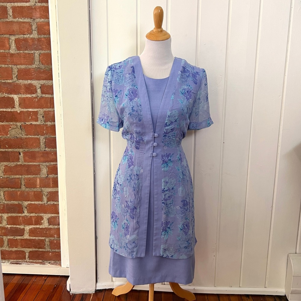 Vintage 1990s Dressbarn Blue Floral Dress 8 Sheer Overlay